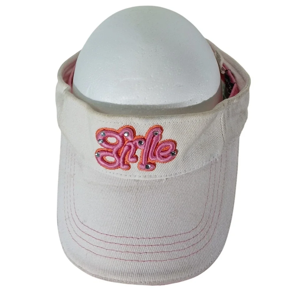 Girls White Visor Pink‎ Smile Rhinestone Accent Adjustable Summer Youth